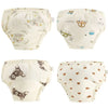 A set of reusable cotton potty training pants for toddlers in off-white with floral and animal patterns.