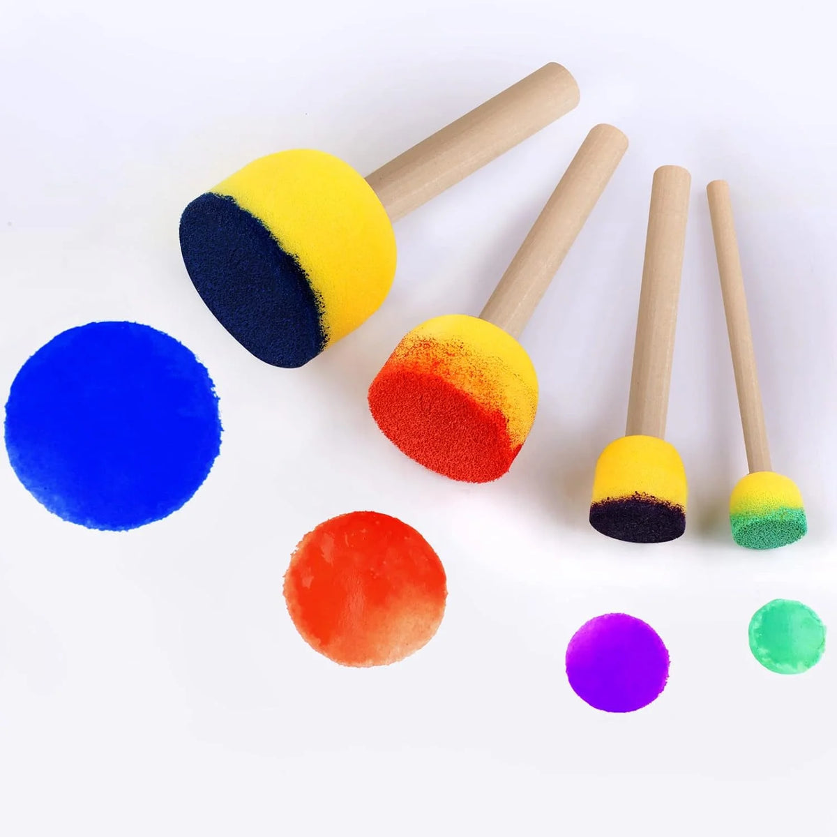 A set of round sponge brushes in various colors including yellow, orange, red, blue, purple, and green.