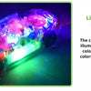 A transparent gear car with multiple illuminated LED lights, featuring colorful lighting synchronized with music.