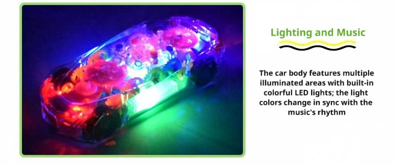 A transparent gear car with multiple illuminated LED lights, featuring colorful lighting synchronized with music.