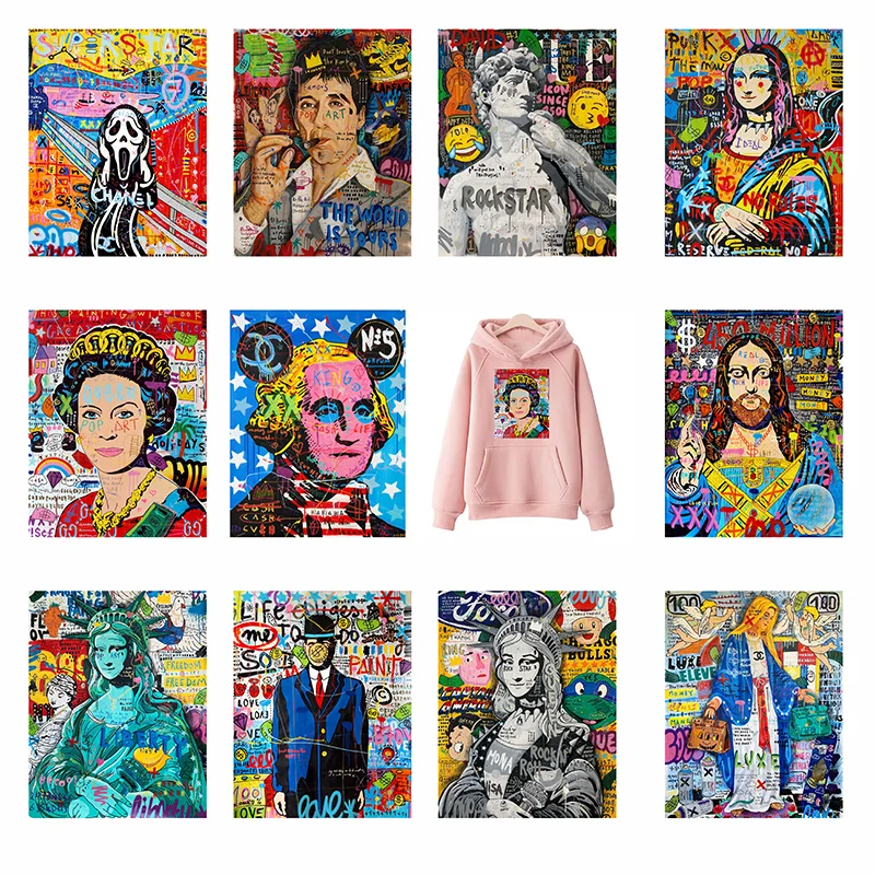 A collection of colorful iron-on heat transfer patches featuring various artistic and photographic designs.