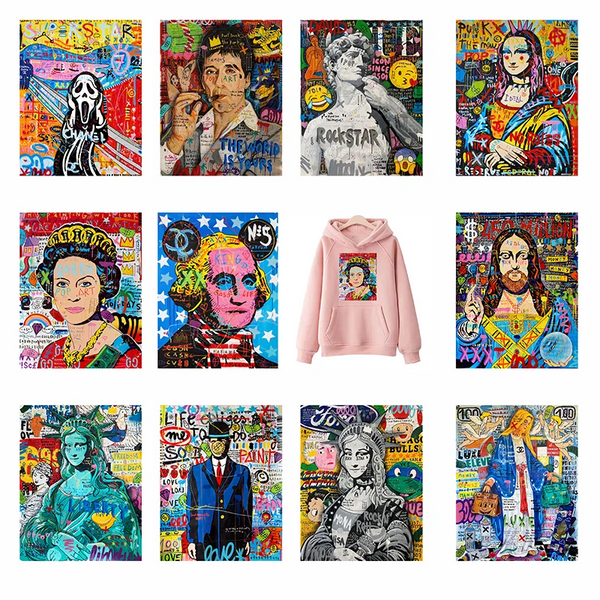 Collection de patchs thermocollants colorés avec divers motifs artistiques et photographiques.