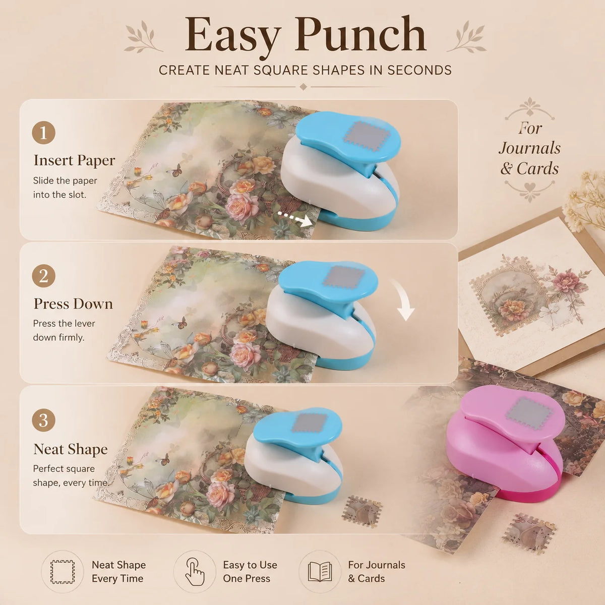 A hand demonstrates how to use an Easy Punch tool to create neat square shapes in insert paper.