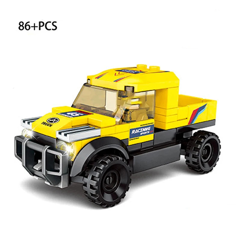 A yellow police helicopter and SWAT carrier vehicle building blocks set with 86 pieces.
