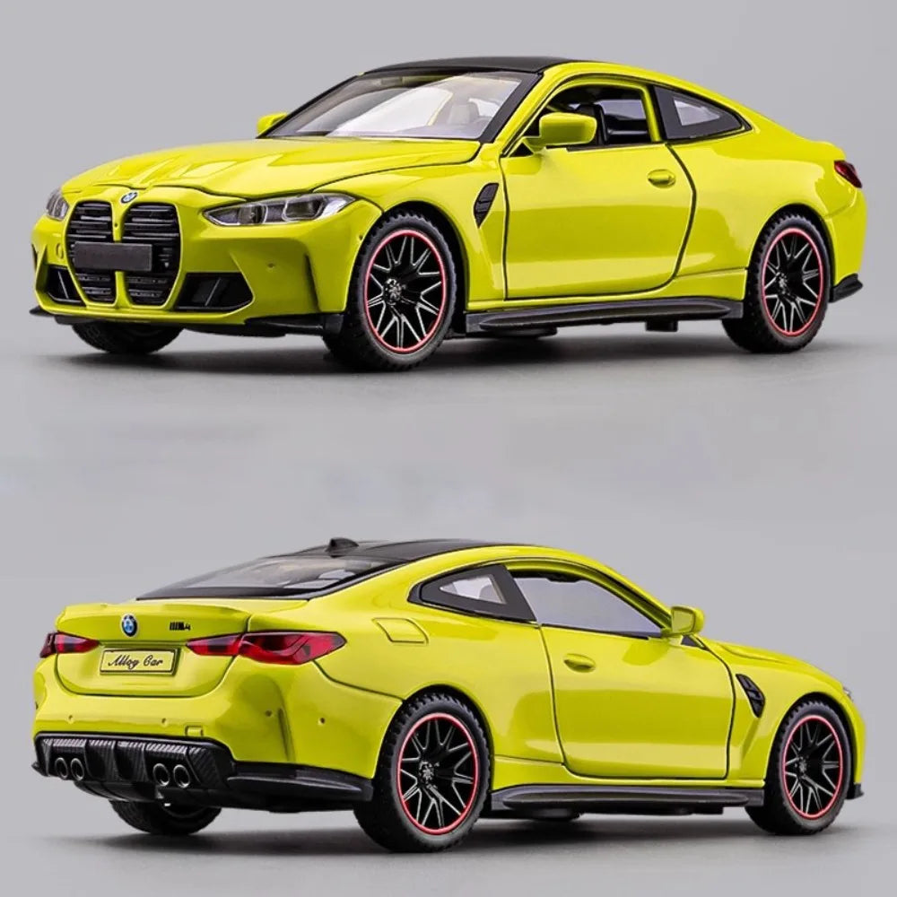 A bright yellow 1:32 scale diecast model of a BMW M4 or X3M sports car.