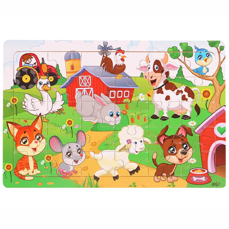 A 30-piece wooden jigsaw puzzle featuring various farm animals and a vehicle on a green background.