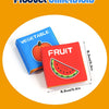 A set of two cloth books labeled Vegetable and Fruit showing product dimensions.