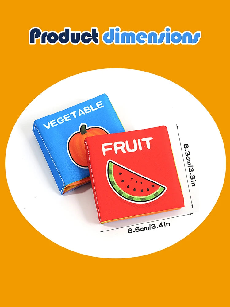 A set of two cloth books labeled Vegetable and Fruit showing product dimensions.