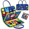 A Montessori felt activity busy book for toddlers featuring a dinosaur theme with various colorful fabric pieces.