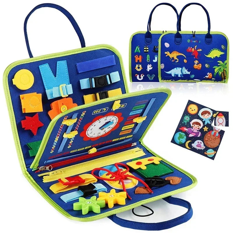 A Montessori felt activity busy book for toddlers featuring a dinosaur theme with various colorful fabric pieces.