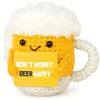 Handmade crochet beer mug buddy with a yellow and white textured mug and a yellow card