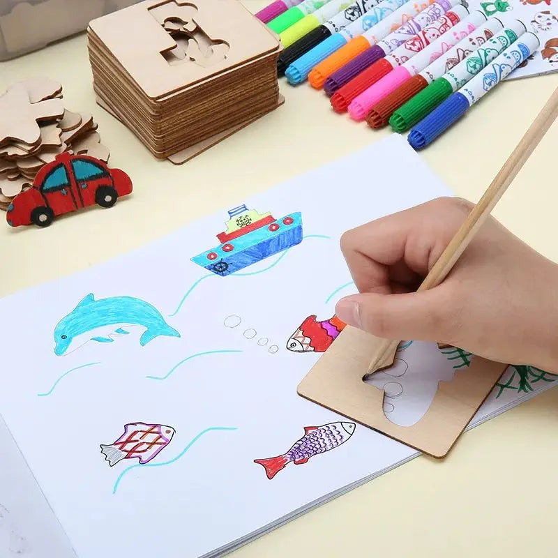 Montessori Wooden Drawing Stencils Set for Kids - 20pc Creative Painting Templates