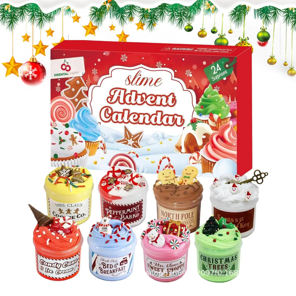 A box of a 24-day Christmas slime advent calendar featuring various themed treats and slime containers.