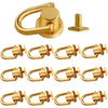 A set of vintage gold-toned metal D-ring buckle clips for bags and straps, shown in various angles.