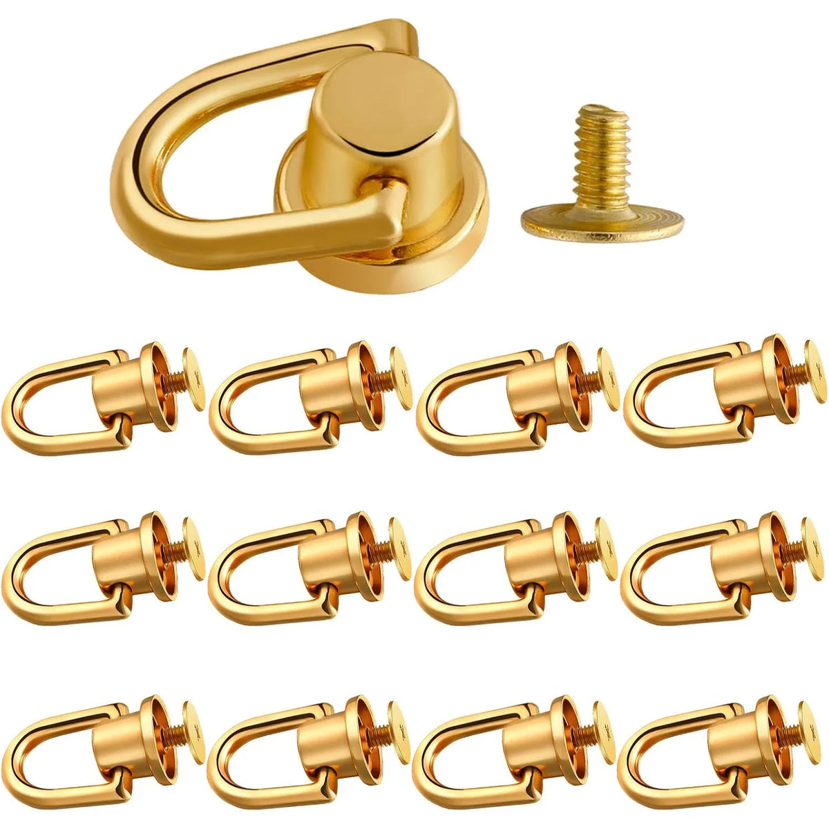 A set of vintage gold-toned metal D-ring buckle clips for bags and straps, shown in various angles.
