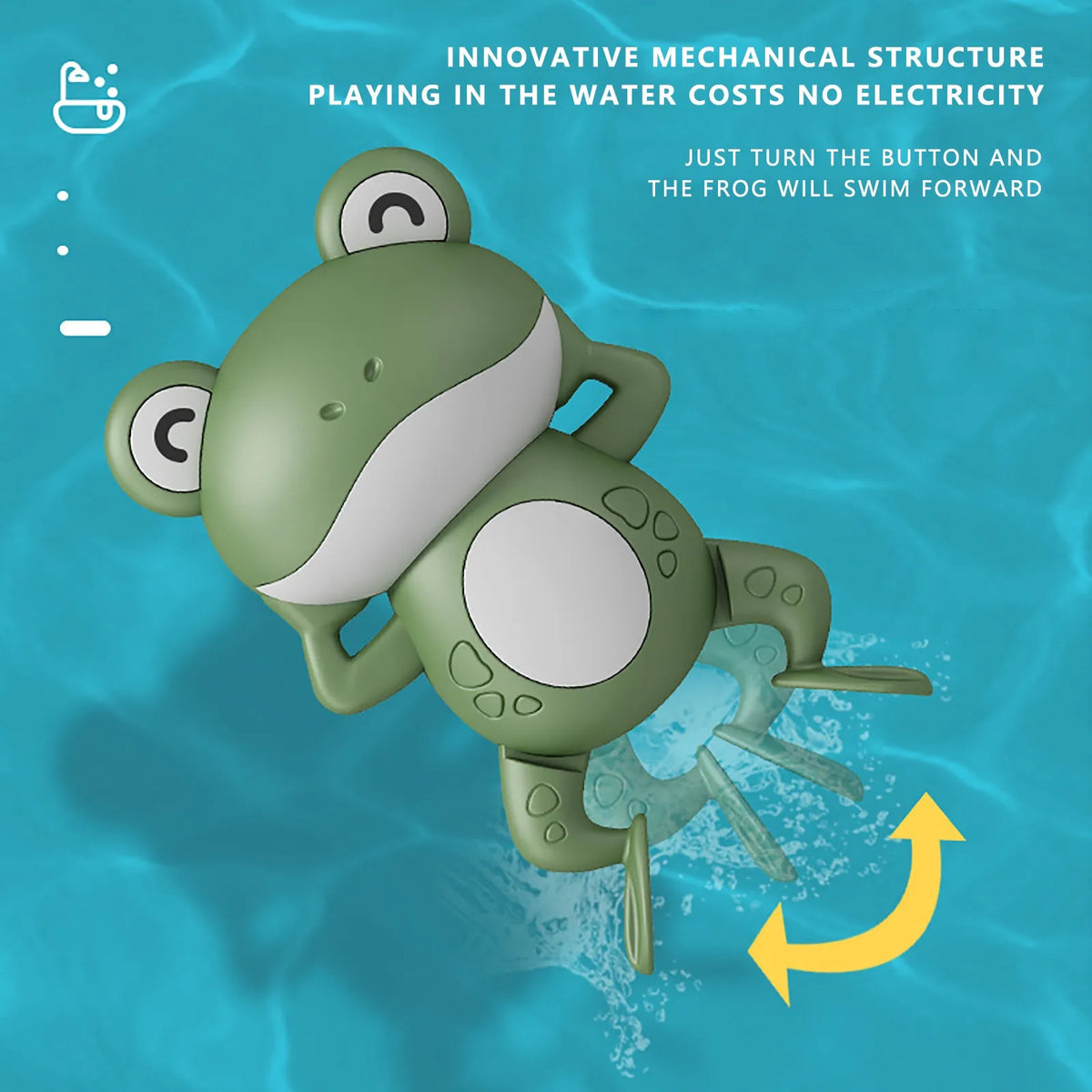 A green wind-up frog toy is shown swimming in water, demonstrating an innovative mechanical structure that costs no electrici