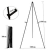 Adjustable foldable metal easel stand showing the full structure and a close-up of the mounting hardware.