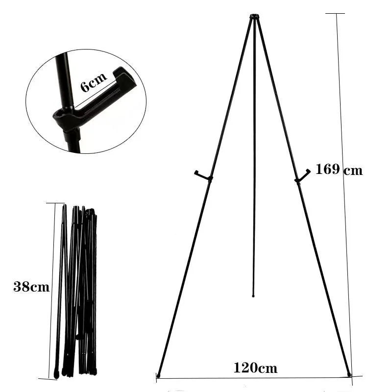 Adjustable foldable metal easel stand showing the full structure and a close-up of the mounting hardware.