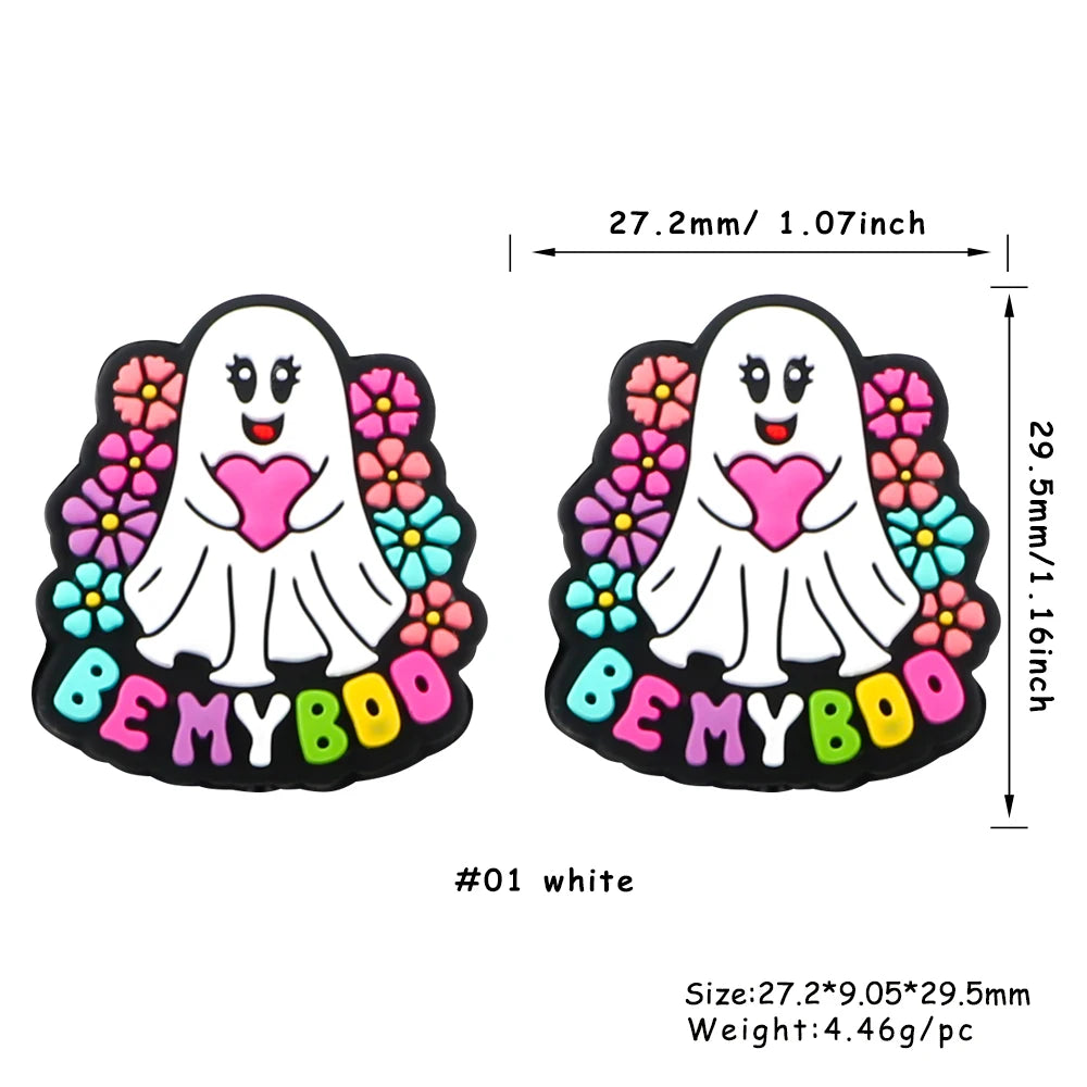 White ghost silicone bead with pink heart and colorful floral border