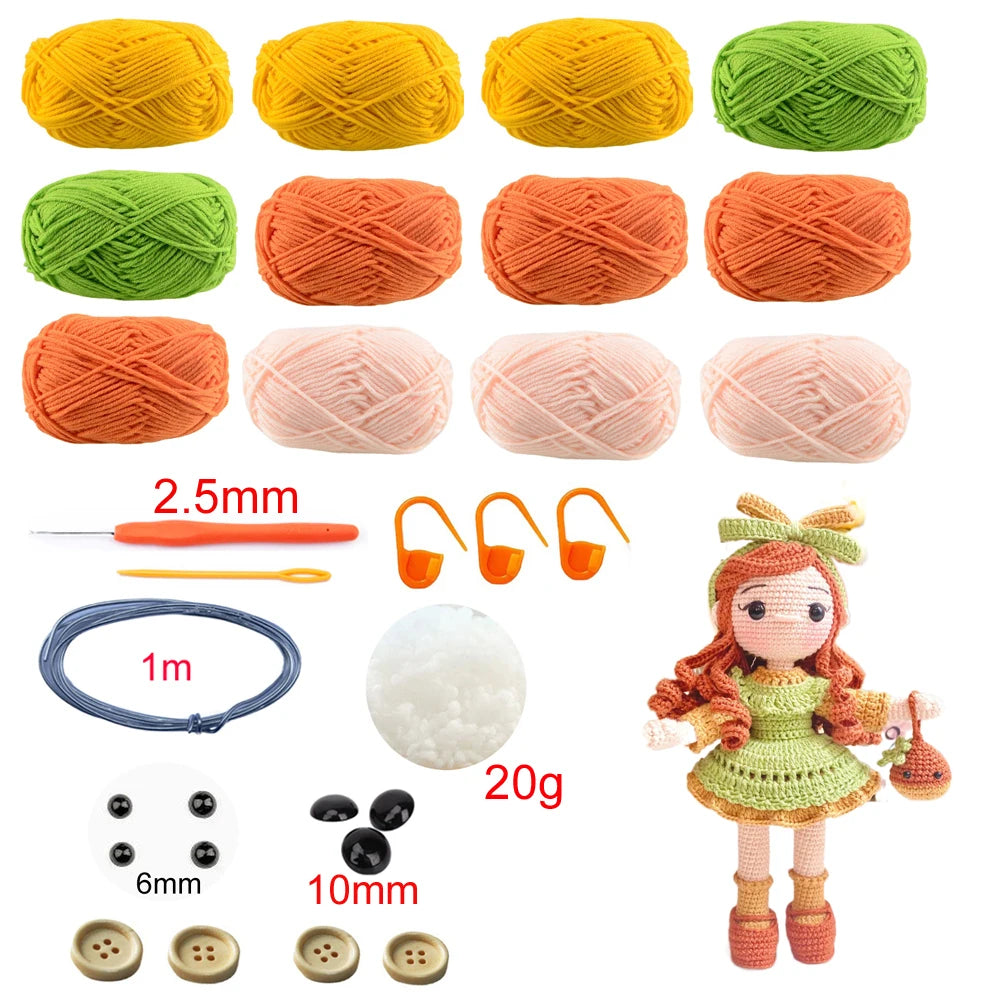A collection of yarn skeins in various shades of yellow, green, and orange, along with crochet tools and doll parts.
