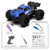 A blue and black off-road remote control car with wheels, battery, screwdriver, and instruction manual.