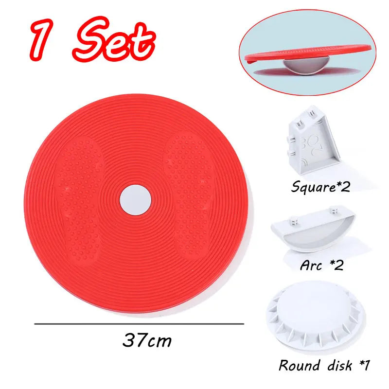 A set of red balance stepping stones for kids including a large disc and various shaped pieces.