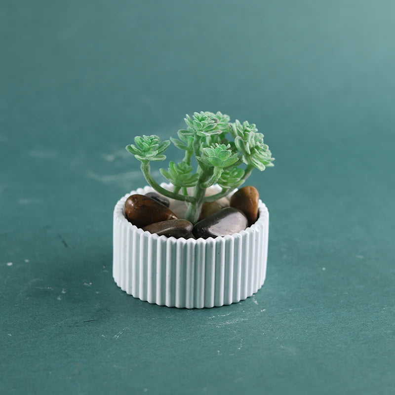 A small green plant growing in a white silicone mold filled with smooth brown stones.