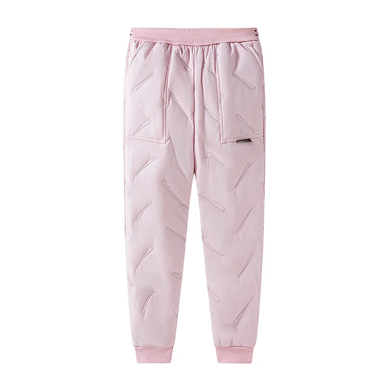 Light pink kids waterproof winter pants with quilted texture and fleece lining