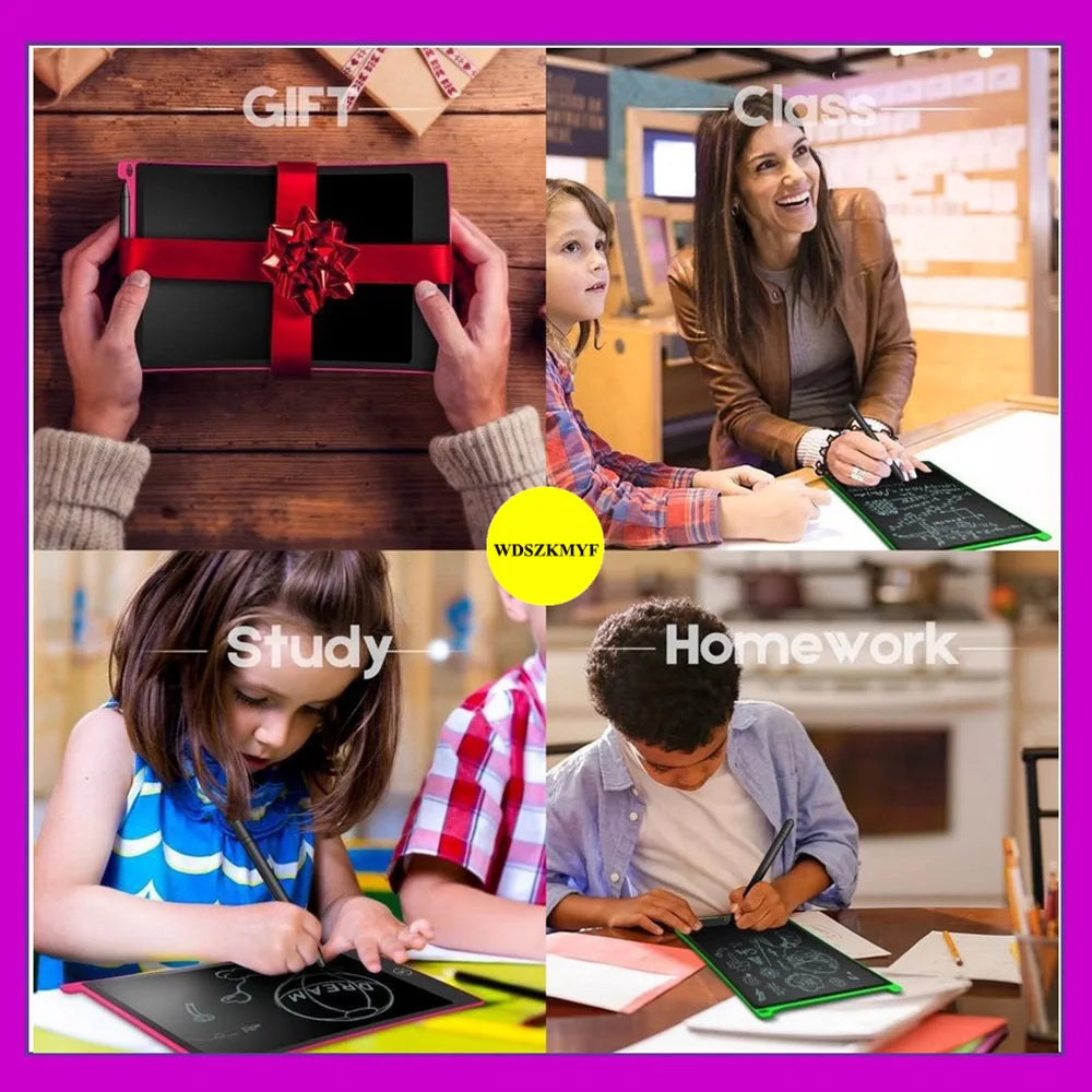 A collage showing adults and children using an 8.5-inch LCD writing tablet for various activities like gift-giving, class, an