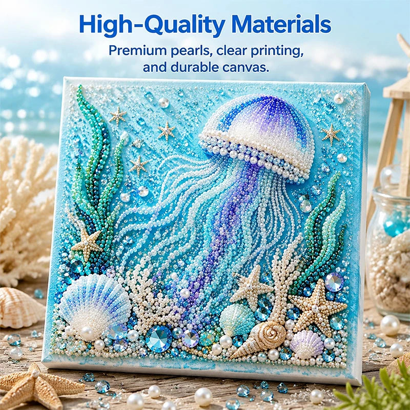 Diamond art canvas featuring a purple and blue jellyfish design with starfish and sea flora