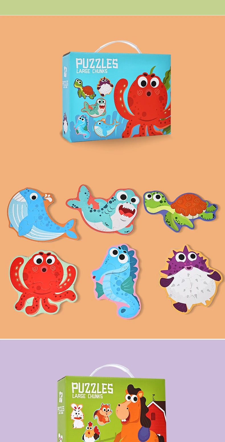 A box of large chunk puzzles featuring various colorful animal and sea creatures for kids