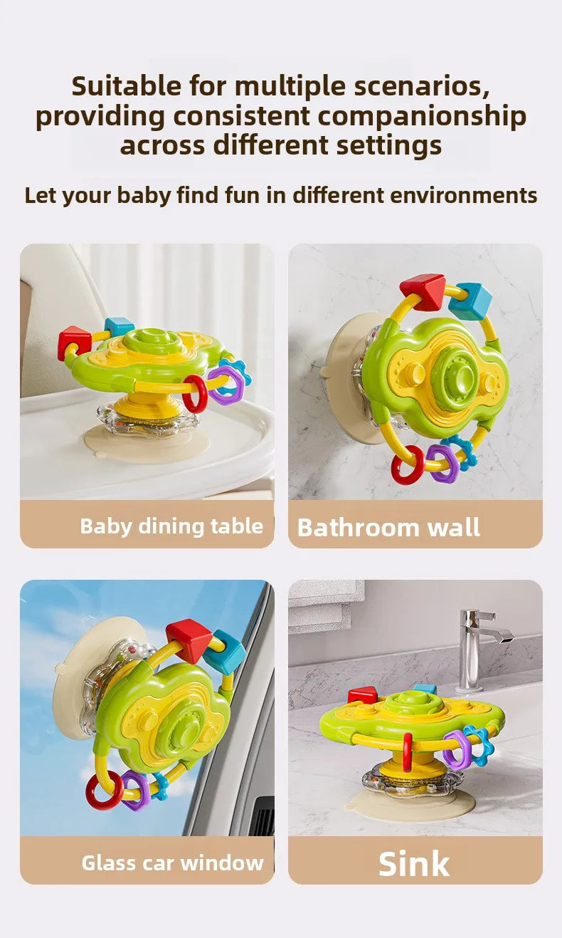 A colorful cartoon baby rattle toy with suction cups shown in various settings like a dining table, bathroom wall, glass wind