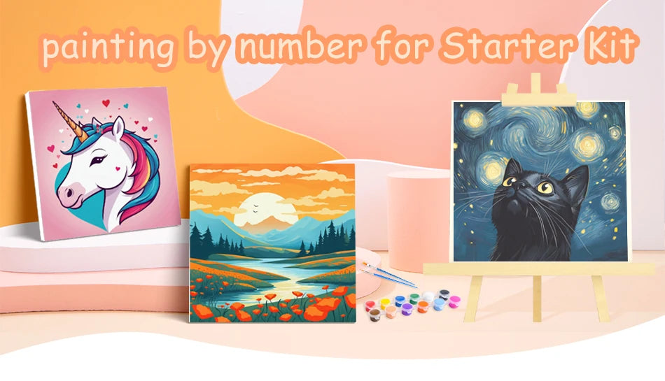 A painting by number kit featuring a unicorn and a black cat on canvas, displayed with paint and brushes.