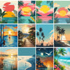 A collage of vibrant oil paintings depicting tropical scenery, sunsets, palm trees, and coastal landscapes.
