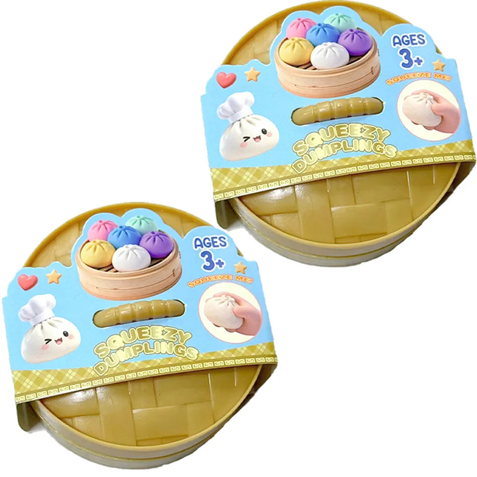 A set of squishy dumplings toys in various colors and shapes for ages 3 and up