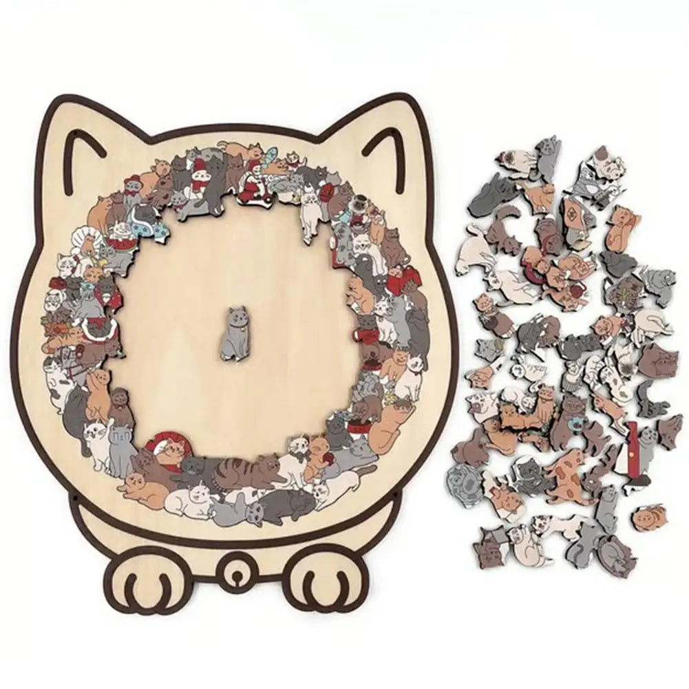 A wooden jigsaw puzzle shaped like a cat, featuring 135 unique pieces.