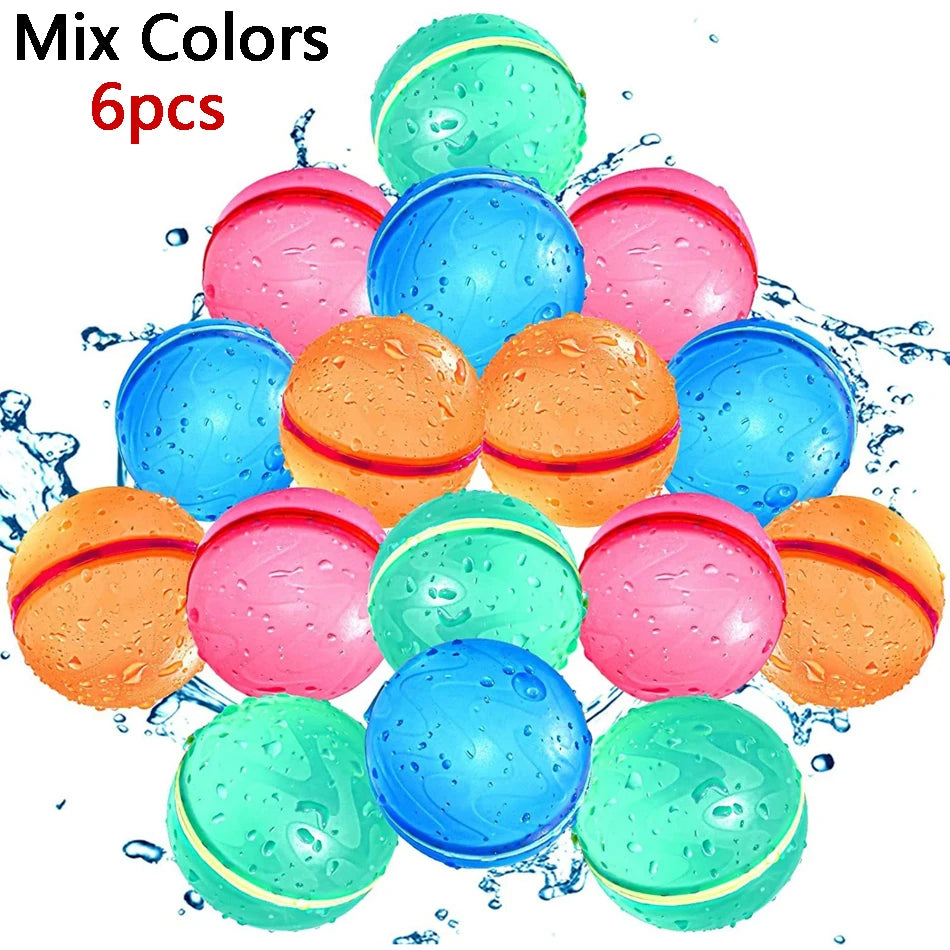 Six colorful reusable water balloons for kids in pink, blue, and orange shades.