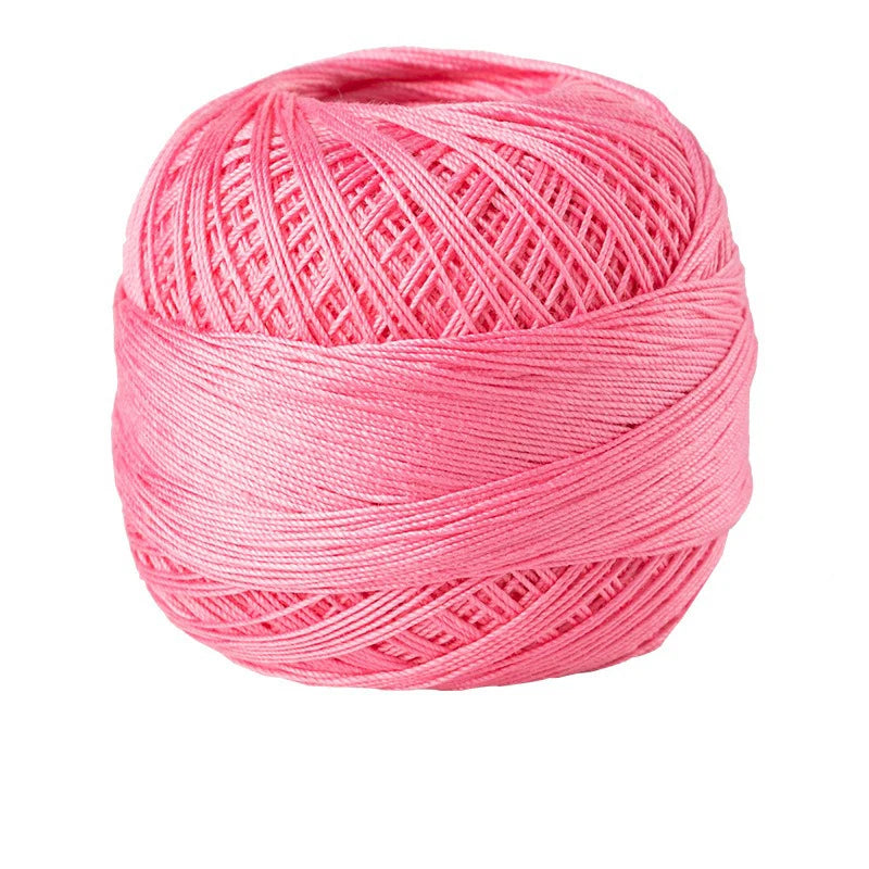 A ball of bright pink 100% cotton crochet thread for tatting and embroidery.
