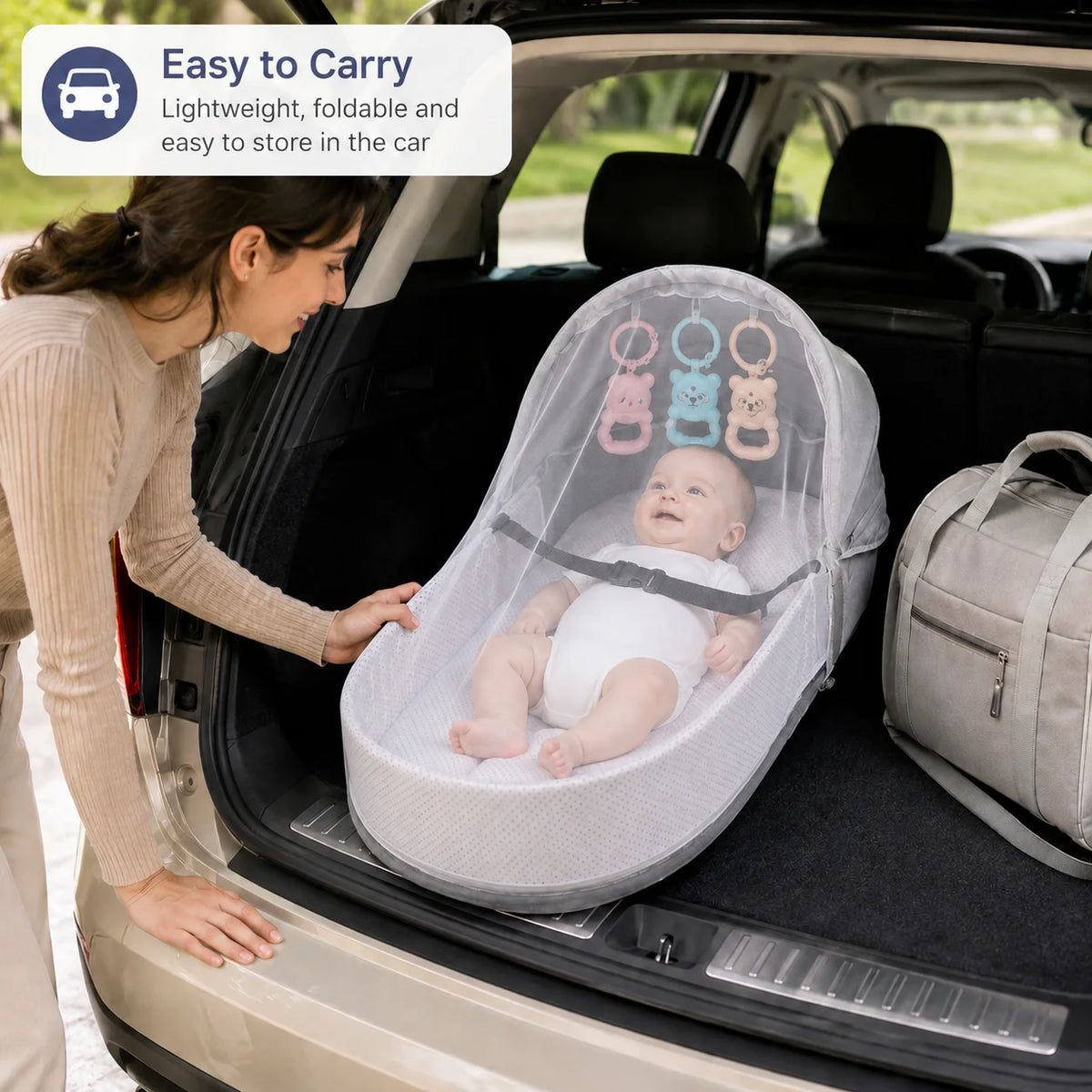 A woman places a portable foldable baby bed with a mosquito net into the trunk of a car.