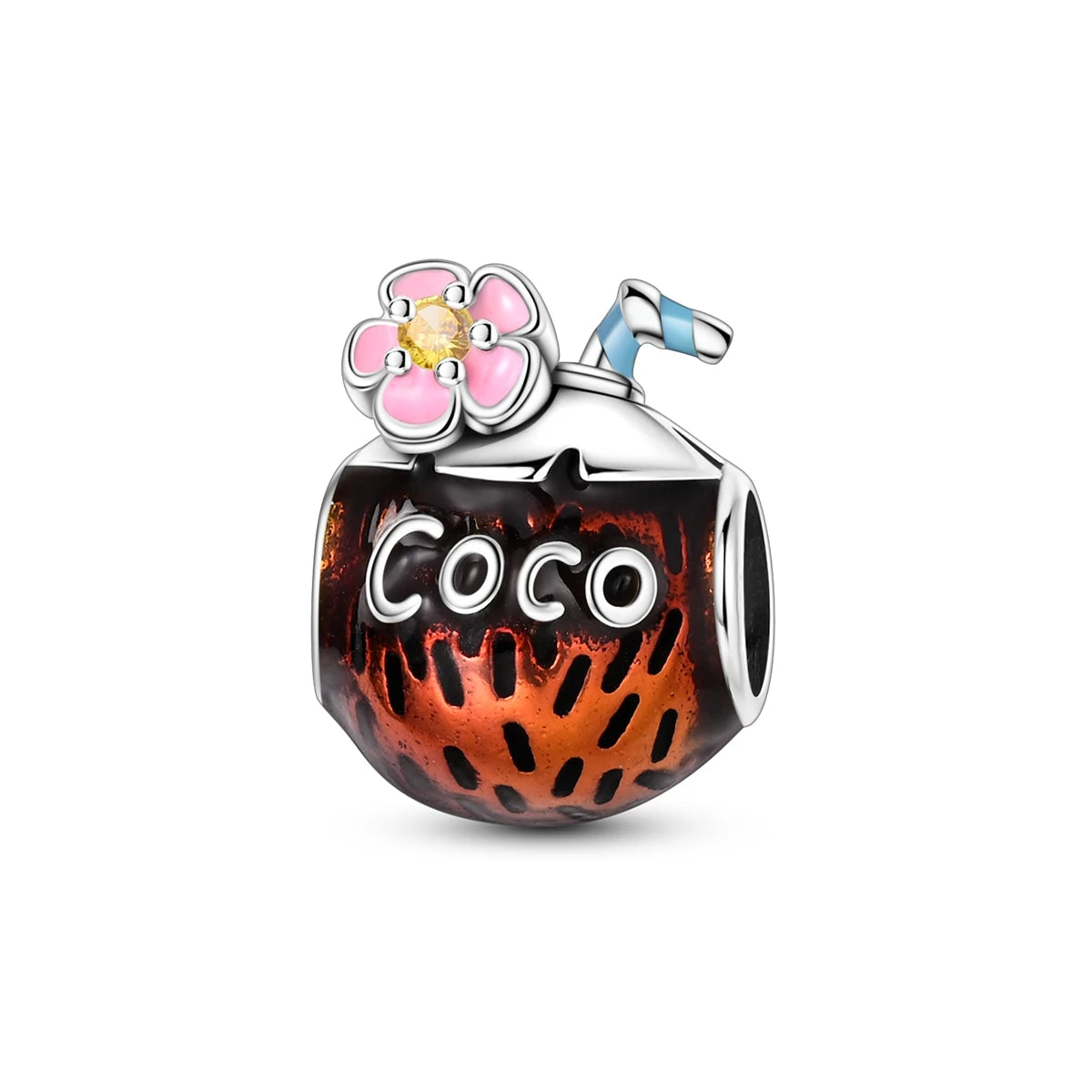 A silver fruit charm bead featuring a textured orange-brown design and a pink flower with a gold center.