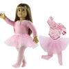 A pink doll wearing a matching casual outfit set with a skirt and top.
