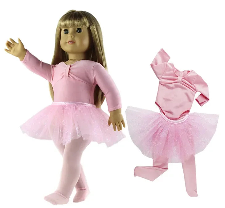 A pink doll wearing a matching casual outfit set with a skirt and top.