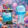 A colorful Jellyfish Squish toy with blue translucent tentacles is displayed amidst sparkling confetti and bubbles.