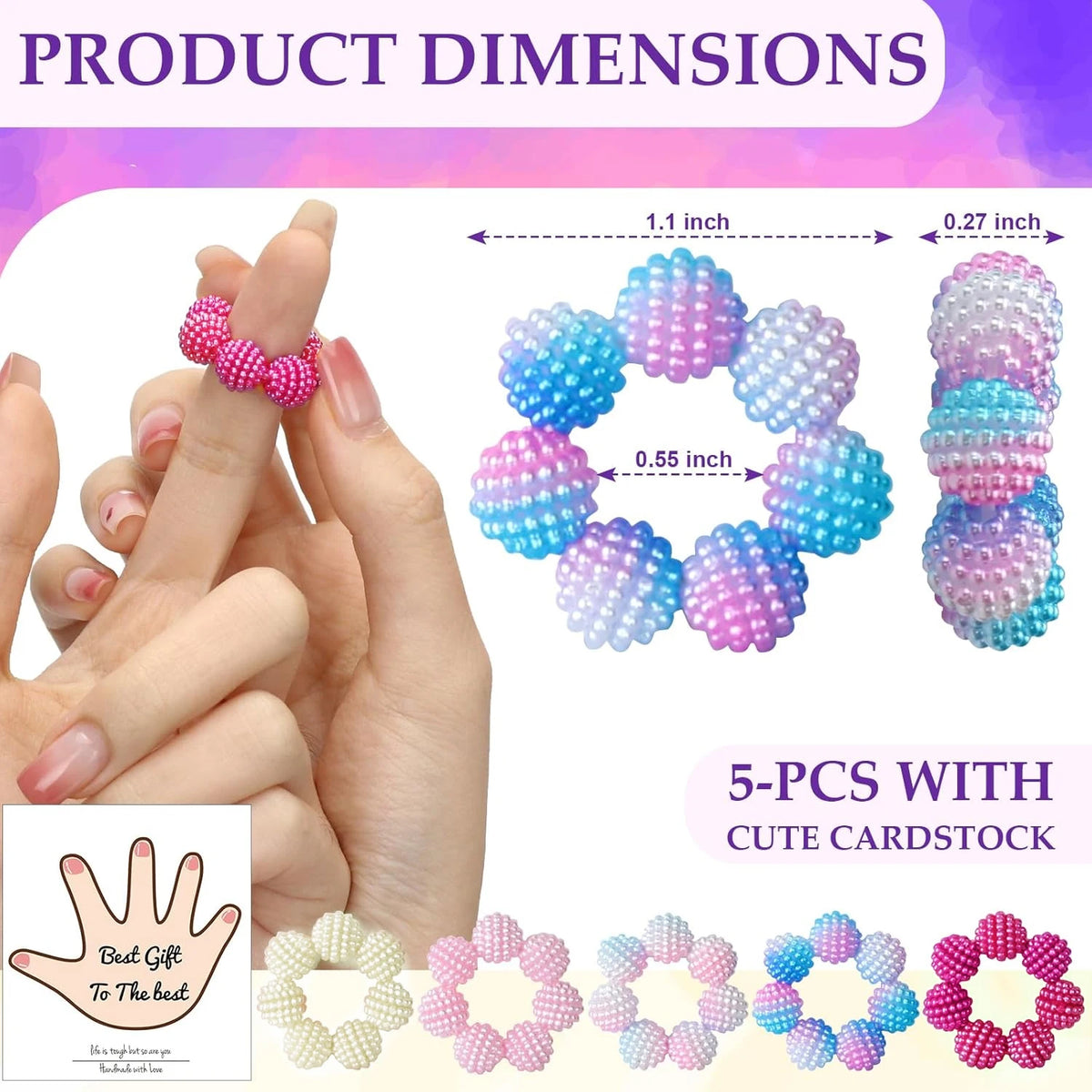 Five packs of colorful beaded fidget rings in various shades of pink and blue displayed on hands and laid out.