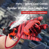 A hand wearing a red glove is launching a stream of water from a black device, demonstrating a Spider Water Gun Launcher.