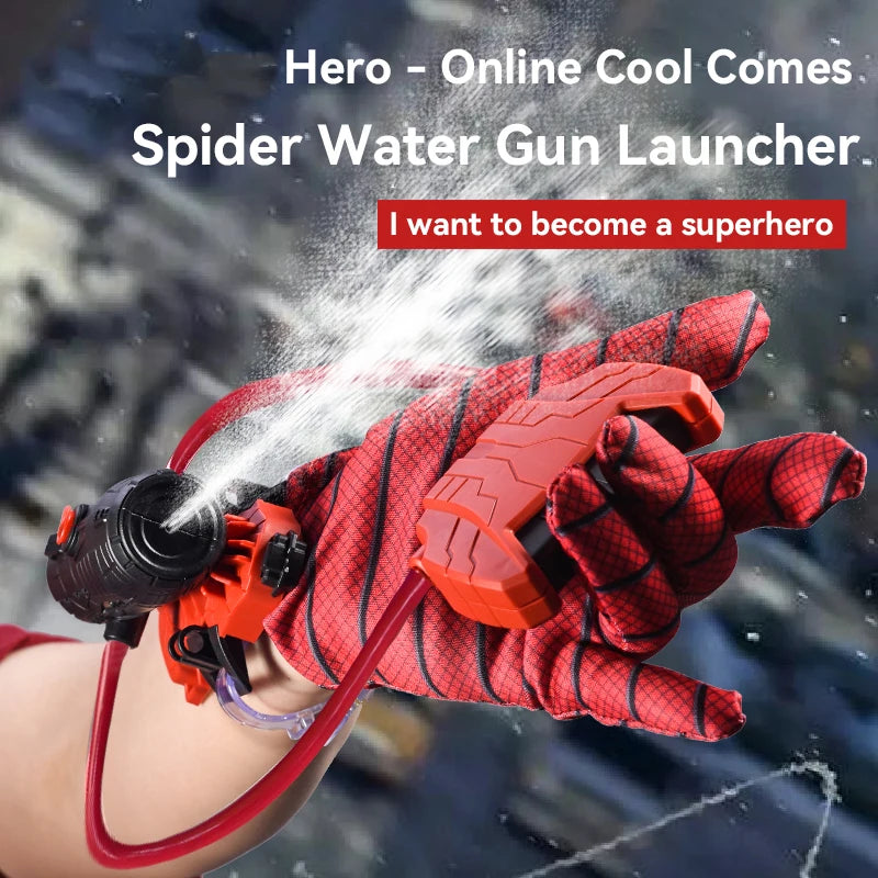 A hand wearing a red glove is launching a stream of water from a black device, demonstrating a Spider Water Gun Launcher.