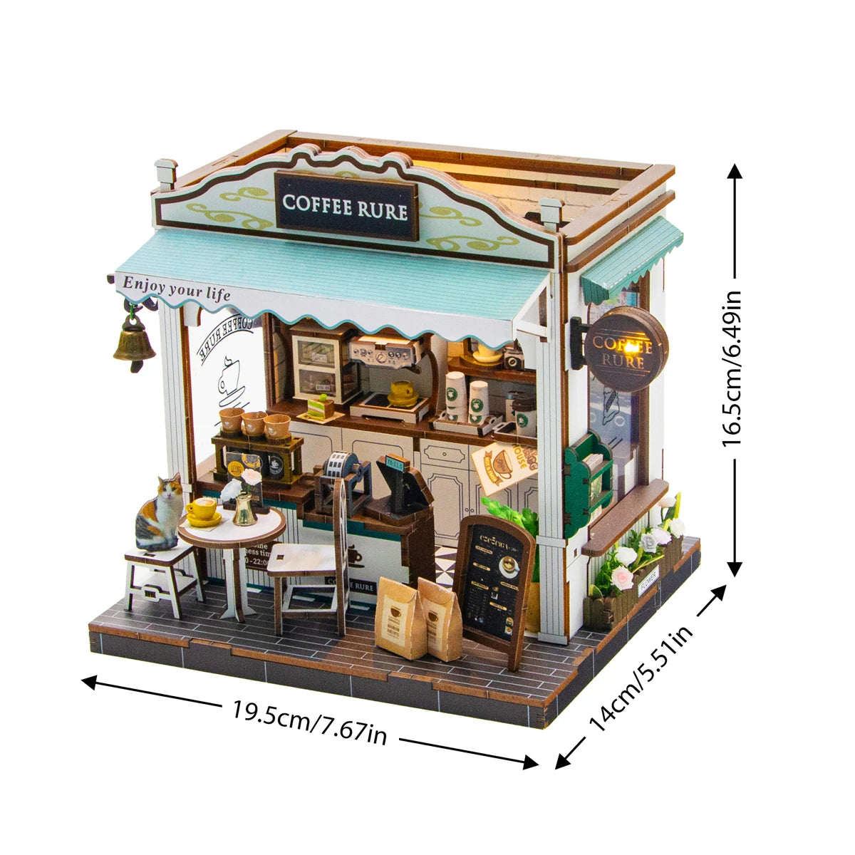 A wooden miniature coffee shop house kit featuring a storefront, interior display, and wooden furniture.