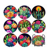 Eight diamond painting coasters featuring colorful cacti and succulents with a metal holder.