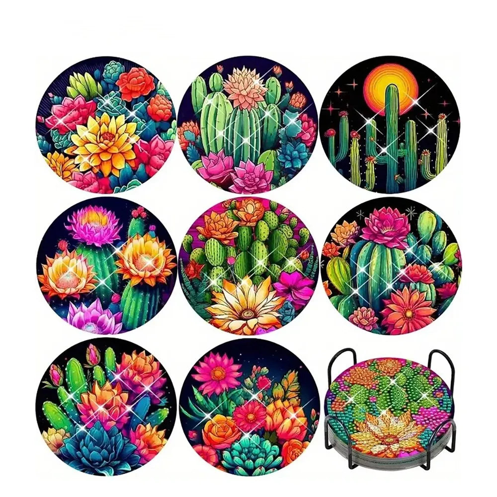 Eight diamond painting coasters featuring colorful cacti and succulents with a metal holder.