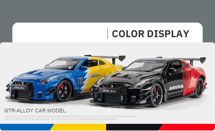 A black and yellow GTR sports car model displayed against a gray background with a color display title.